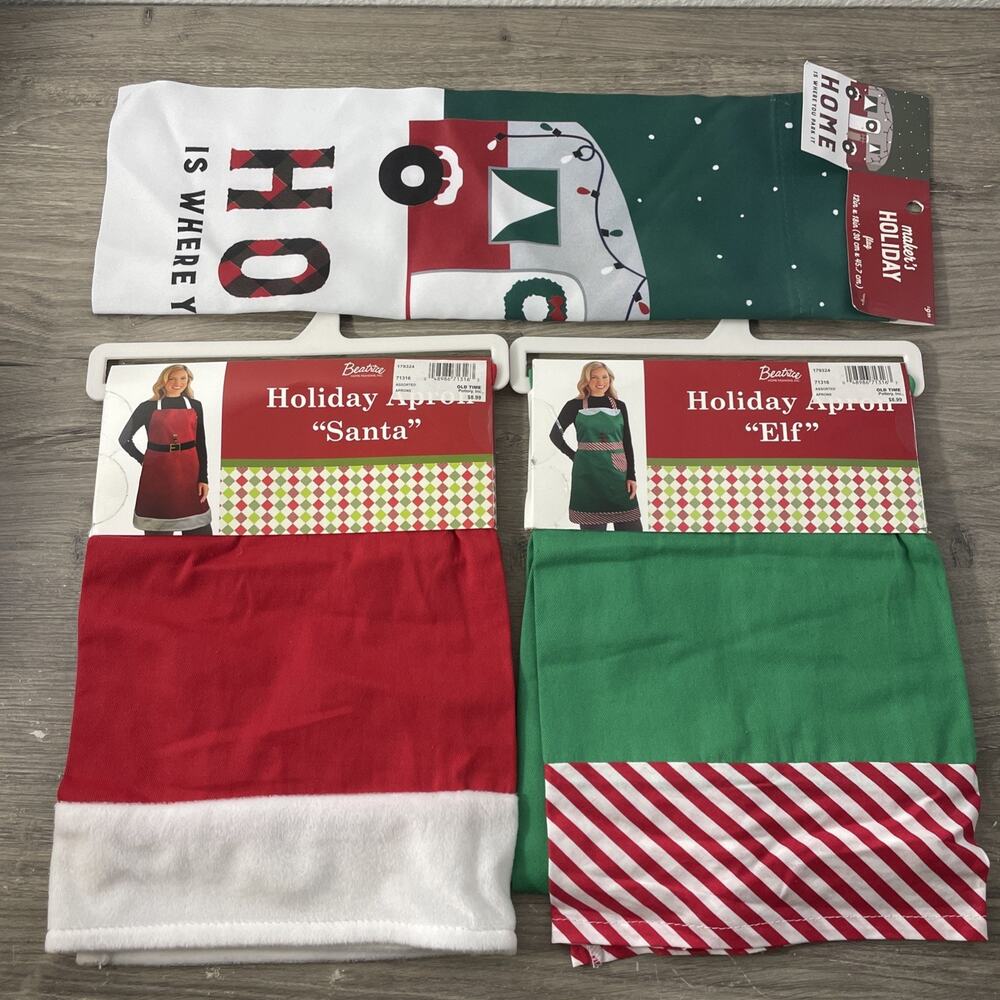 NWT 3pc Christmas Bundle Santa & Elf Aprons + Maker’s Holiday Camper Garden Flag